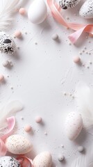 Wall Mural - Elegant Easter eggs with feathers, ribbons, and candies on white backdrop