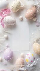 Wall Mural - Soft pastel Easter eggs with polka dots and ribbons around a blank card