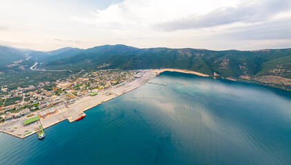 Sticker - Igoumenitsa, Greece. Igoumenitsa is a coastal small town in northwestern Greece. Port. Aerial view
