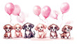 Watercolor Cute Dogs with Pink Balloons illustration on White Background