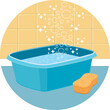 House cleaning service.  Round vector icon. Basin and sponge. Hand drawn illustration III.