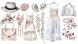 Women's summer look, summer accessories, wedding fashion illustration, on white background isolated with watercolor.