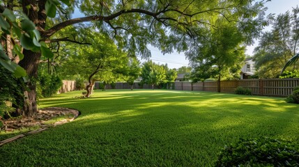 Green large fenced backyard with trees