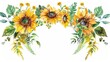 Decorative watercolor frame border with sunflowers, succulents, leaves, branches, fern leaves, etc. Handcrafted illustration. Ideal for greeting cards, weddings, birthdays and baby cards,