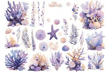 Wall Mural - A collection of ocean-themed art featuring various sea creatures and plants