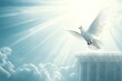 Holy Spirit dove is flying in clear blue sky, beautiful sun rays shine around.