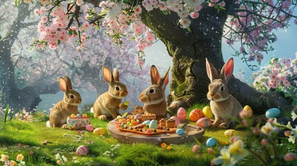 Wall Mural - A cheerful scene of a bunny family having a picnic, with a spread of Easter-themed treats, under a tree blossoming with spring flowers.