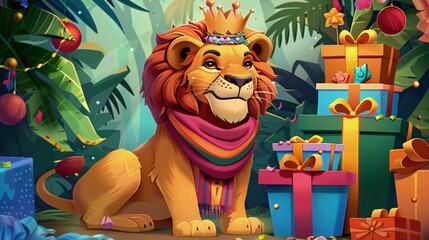 Wall Mural - A cartoonish lion wearing a crown and a festive scarf, sitting beside a stack of birthday presents, in a jungle-themed party setting.