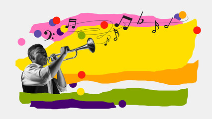 Monochrome image of male musician playing trumpet on white background with abstract colorful elements. Contemporary art collage. Concept of music festival, creativity, inspiration, art, event. Poster