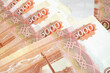 Russian money, five thousand bills close-up, business concept. Selective focus, blur.