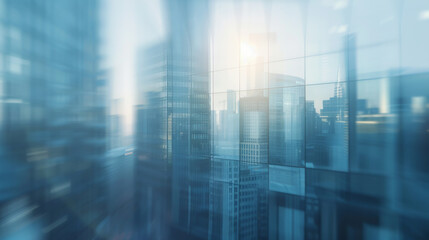 Poster - Blurred cityscape background with blurry office building windows. Abstract blurred city skyline view through glass.