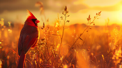 Wall Mural - A cardinal framed against a golden sunset, its vibrant plumage contrasting with the warm hues of the sky