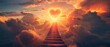 A staircase in the sky. Sun and clouds. Background with a red heart shaped sunset at sunset. Background with copyspace.