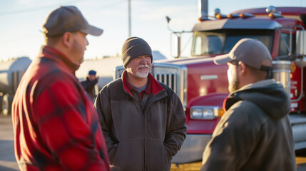 Three truck drivers engage in a friendly conversation in front of a red truck during a vibrant sunset, creating a warm atmosphere.