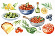 Italian cuisine ingredients, watercolor on white background, watercolor on white background. Generative AI