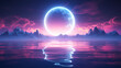 retro futuristic abstract ocean scenery with blue and violet neon circle 3D rendering illustration