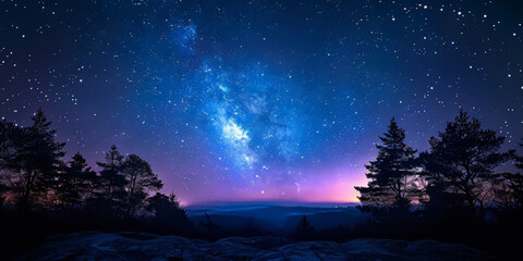 a clear night sky with stars and the silhouette of trees,beautiful night forest, a dark blue sky wit