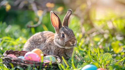 The Easter Bunny sits with a basket and eggs in a spring meadow