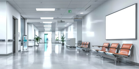 A mockup of an empty white poster on the wall in modern hospital waiting room with comfortable chairs and medical equipment. empty white blank poster on  white wall in hospital, white board 