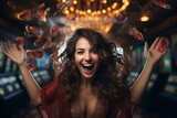 Fototapeta  - Woman in Red Dress Smiling and Raising Hands Generative AI