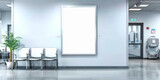 Fototapeta Perspektywa 3d - A mockup of an empty white poster on the wall in modern hospital waiting room with comfortable chairs and medical equipment. empty white blank poster on  white wall in hospital, white board 