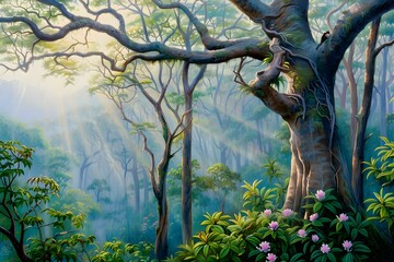 Wall Mural - misty morning in the forest