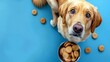 cute dog with homemade cookies is a dog treat on a bright background. Natural organic homemade cookies for pets. The concept of healthy organic dog food, free place for text, 