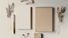Eco-friendly Stationery Set Mockup Made From Recycled Materials, Including A Notebook, Bamboo Pen, And Paper Clips.