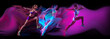 © master1305 - Sportive young women in motion running on black background in neon with mixed pink lights. Marathon athletes. Concept of sport, competition, tournament, action, dynamics. Banner