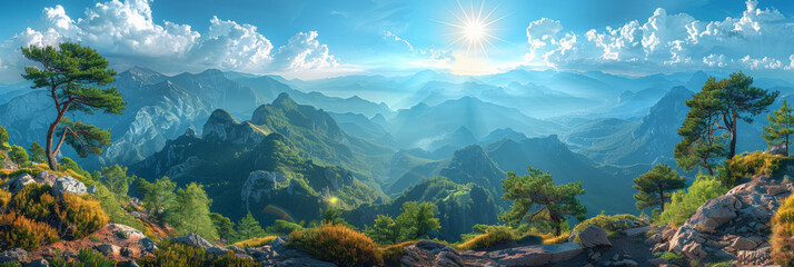 Wall Mural - panorama view of mountains, The sun shines on the top of mountain, overlooking a wide view of mountains and valleys below.banner