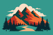 Hand drawn vector nature illustration with mountains and forest on first view. Using for travel and nature background