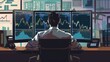 Illustration of Businessman Analyzing Market Data on Monitor