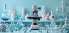 A Microscope Is Sitting On Top Of A Table In A Laboratory Surrounded By Test Tubes And Flasks . High Quality