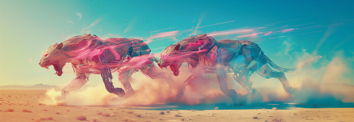 Poster - Two cybernetic panthers fighting in a desert. Landscape in the style of futuristic surrealism