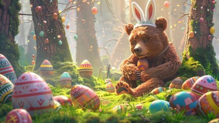 Sticker - A humorous depiction of a bear trying to fit into a tiny Easter bunny costume, surrounded by a forest filled with Easter eggs.