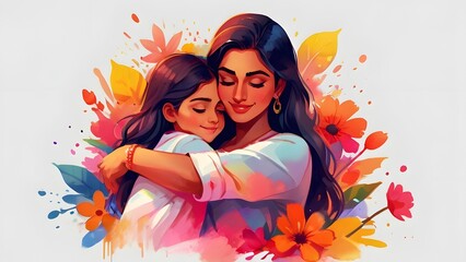 mom hugs her daughter with love and care. Watercolor illustration of happy Indian mother and child. Mother's Day card with loving family and flowers	