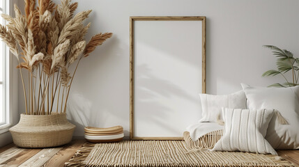 Wall Mural - Design scene, white wall dried pampas grass, wooden frame, beautiful wooden frame, wooden photo frame, frame mockup, blank photo frame, blank wall frame, Vertical frame mockup