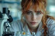 a woman is looking through a microscope in a laboratory . High quality