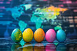 Diversifying investments to countries around the world, multi-colored eggs are placed on the table in the background is world map, asset allocation and portfolio management