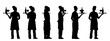 Vector concept conceptual black silhouette of a female waiter serving drinks from different perspectives isolated on white background. A metaphor for working, business, relaxation and lifestyle