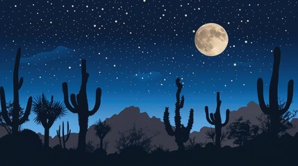 Wall Mural - a desert night scene featuring a group of cacti silhouettes, with the moon perfectly positioned abov