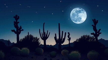 Wall Mural - a desert night scene featuring a group of cacti silhouettes, with the moon perfectly positioned abov