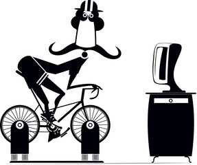 Wall Mural - Cyclist trains at home on the exercise bike. 
Cyclist young man rides on exercise bicycle in front of TV or computer. Black and white illustration

