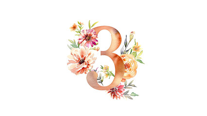Wall Mural - The digit 3 is painted in watercolor surrounded by flowers. «Three» is depicted in the style of handwritten capital letters, suitable for illustrations and greeting cards.
