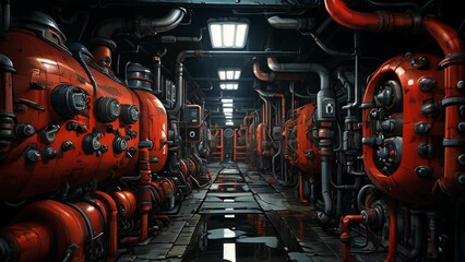 Wall Mural - Refinery plant with industrial equipment in orange light with lots of details