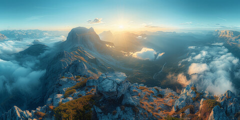 Wall Mural - The sun shines on the top of mountain, overlooking a wide view of mountains and valleys below.sunset in the mountains, sunrise in the mountains