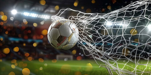 Soccer ball flies into the goal, closeup of football net with blurred stadium background. Concept for sport or game concept. 