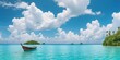 Boat in ocean water with blue sky and white clouds in tropical island. Landscape for summer and spring vacation concept