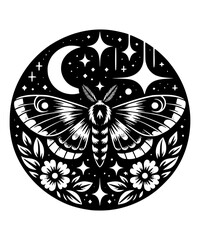 Wall Mural - Celestial moth with flowers leaves crescent moon stars black vector festival tattoo flash art emblem logo icon round style illustration with transparent background