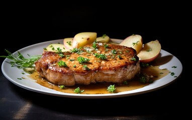 Wall Mural - Grilled steak with potato and herbs on a black background